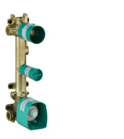 Brass thermostatic module with three teal cartridge housings and threaded inlet/outlet ports for dual function shower control