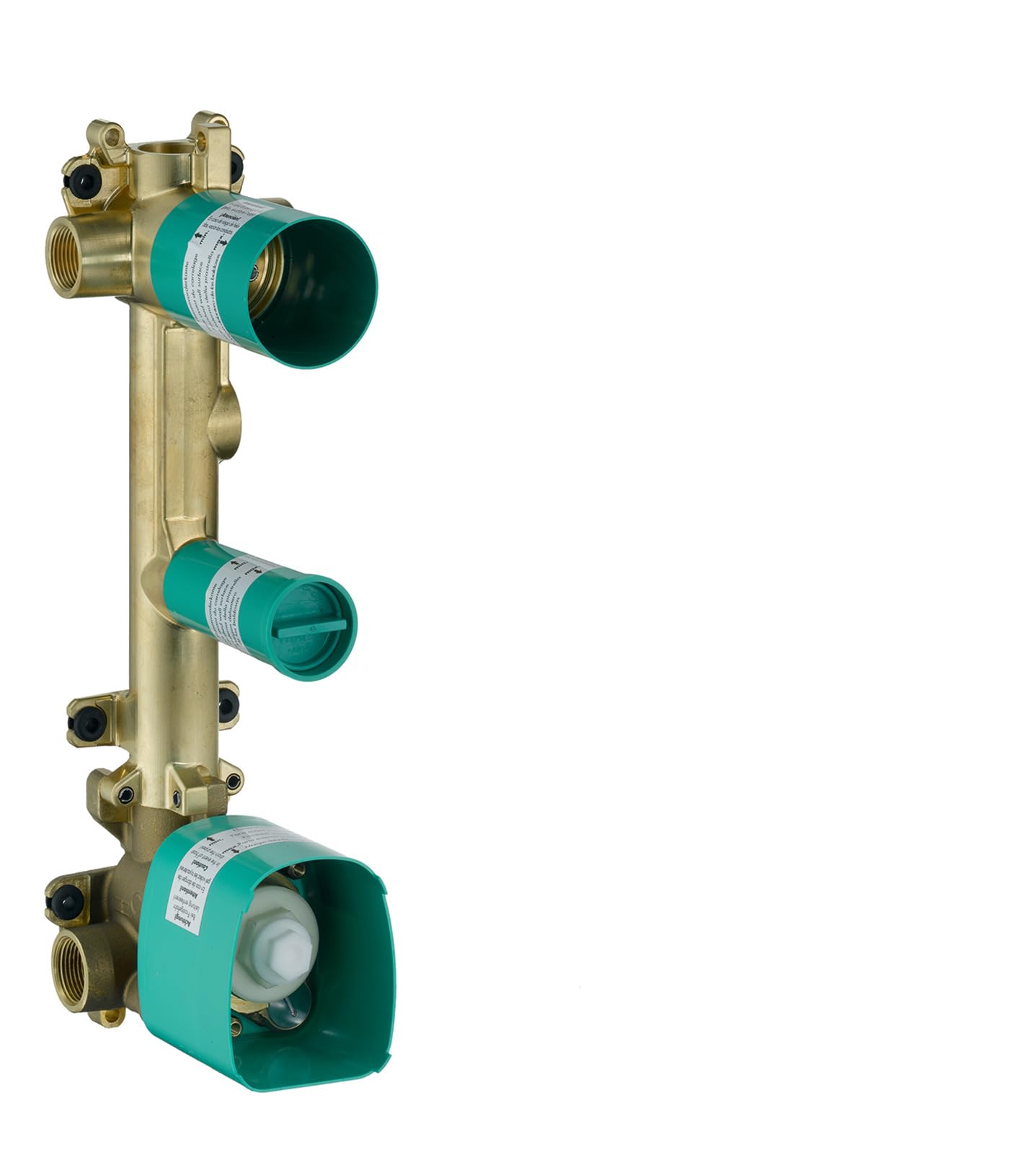 Brass thermostatic module with three teal cartridge housings and threaded inlet/outlet ports for dual function shower control