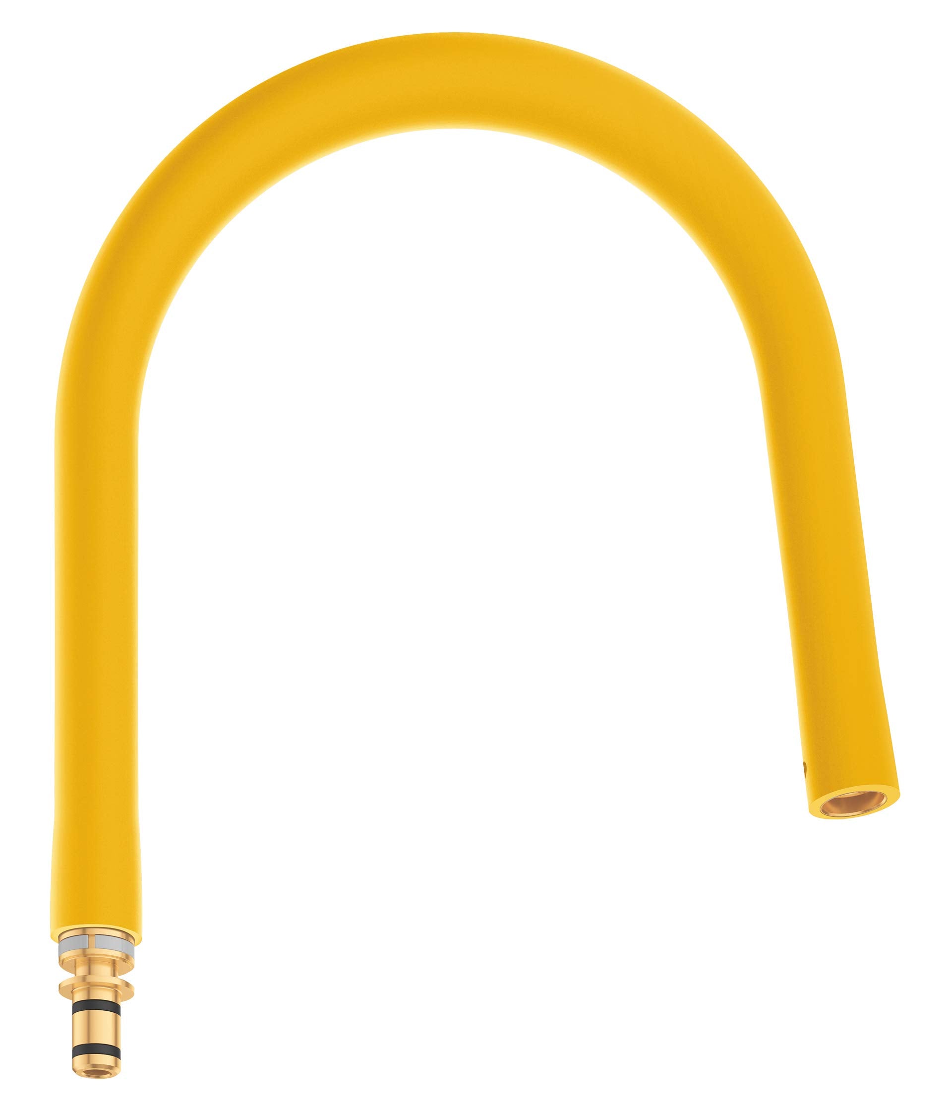 Yellow flexible kitchen faucet hose with brass connector and aerator, curved arch design.