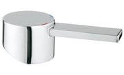 Chrome lever handle with cylindrical base and red indicator dot, angled right.
