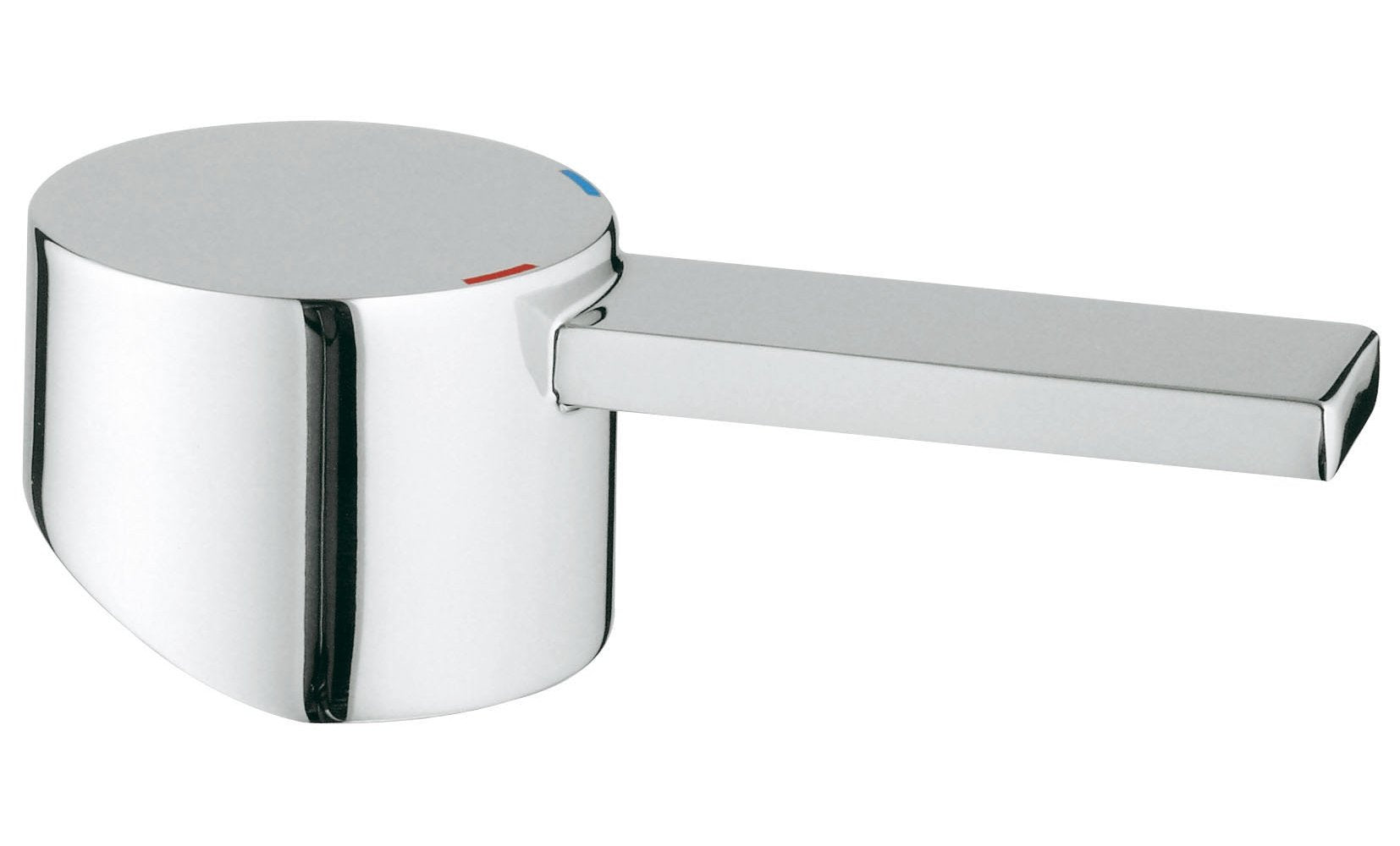 Chrome lever handle with cylindrical base and red indicator dot, angled right.