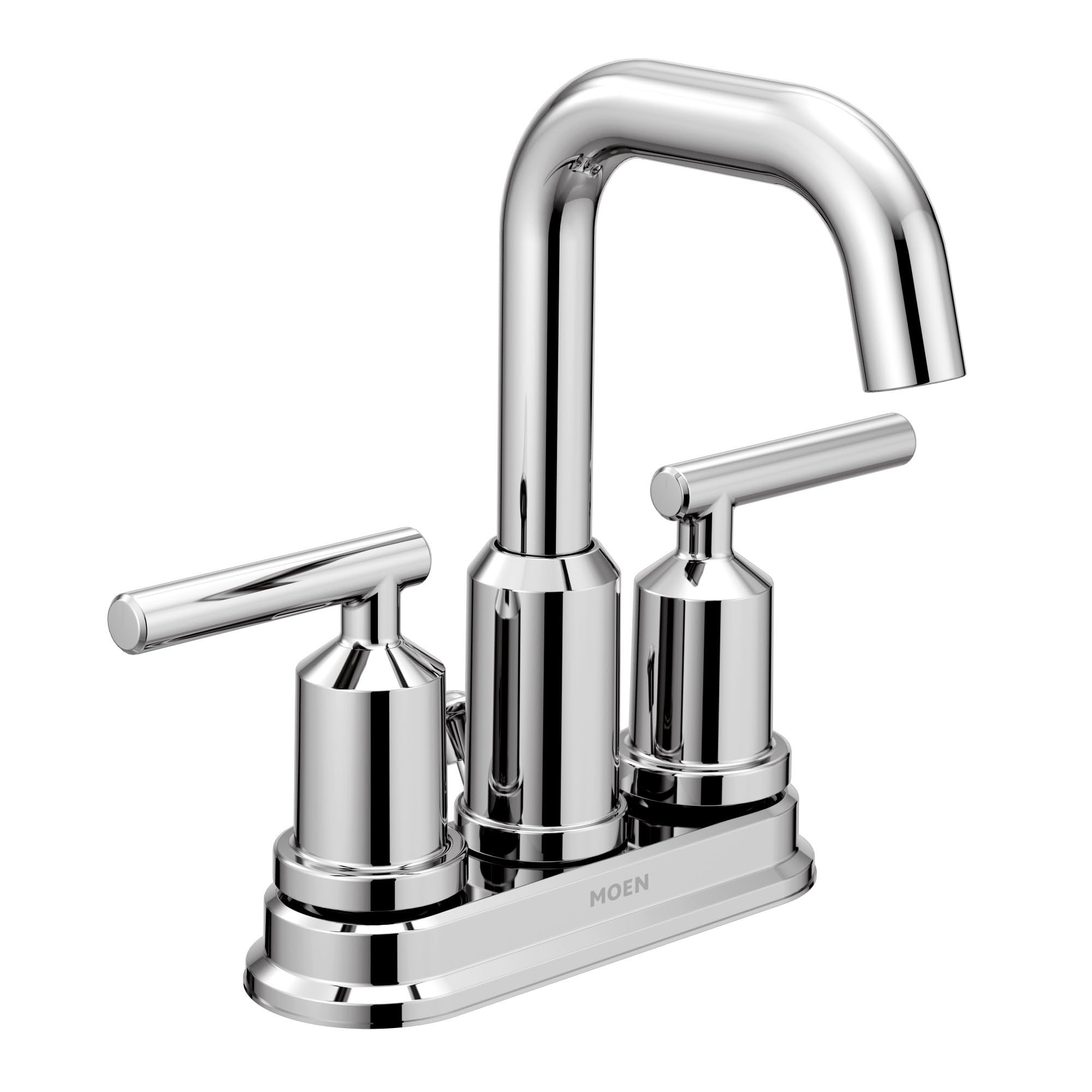 Chrome two-handle centerset bathroom faucet with curved spout and lever handles on shared base.