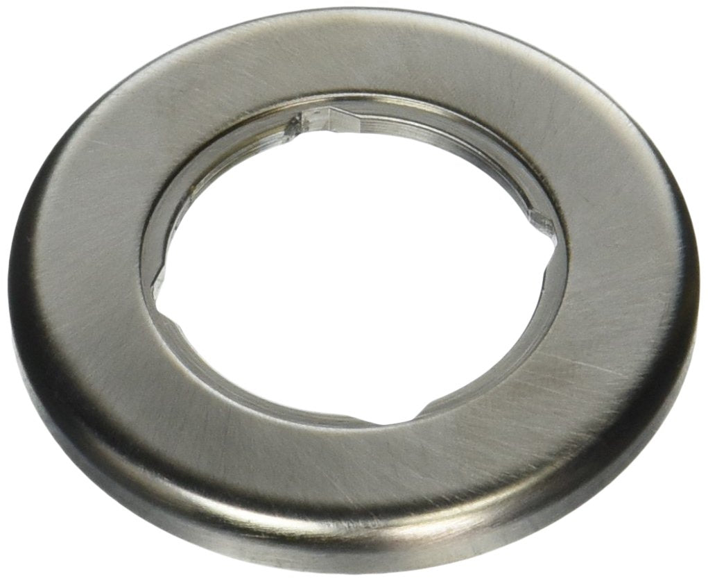 Stainless steel circular base with central opening and gasket for soap dispenser installation.