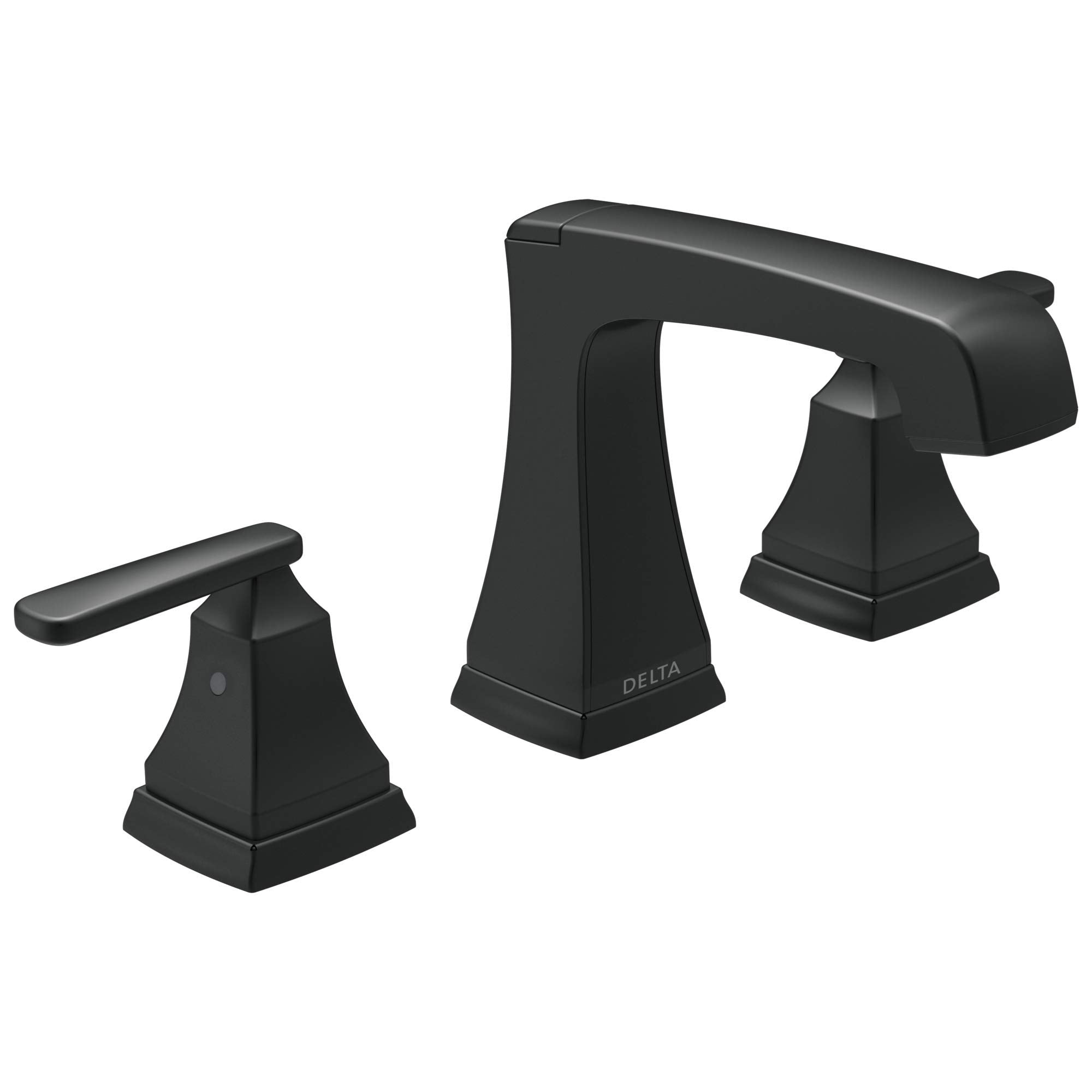 Black two-handle widespread bathroom faucet with curved spout and lever handles on pyramidal bases.