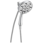 Chrome two-in-one showerhead with dual spray jets, multiple nozzles, and flexible hose connection.