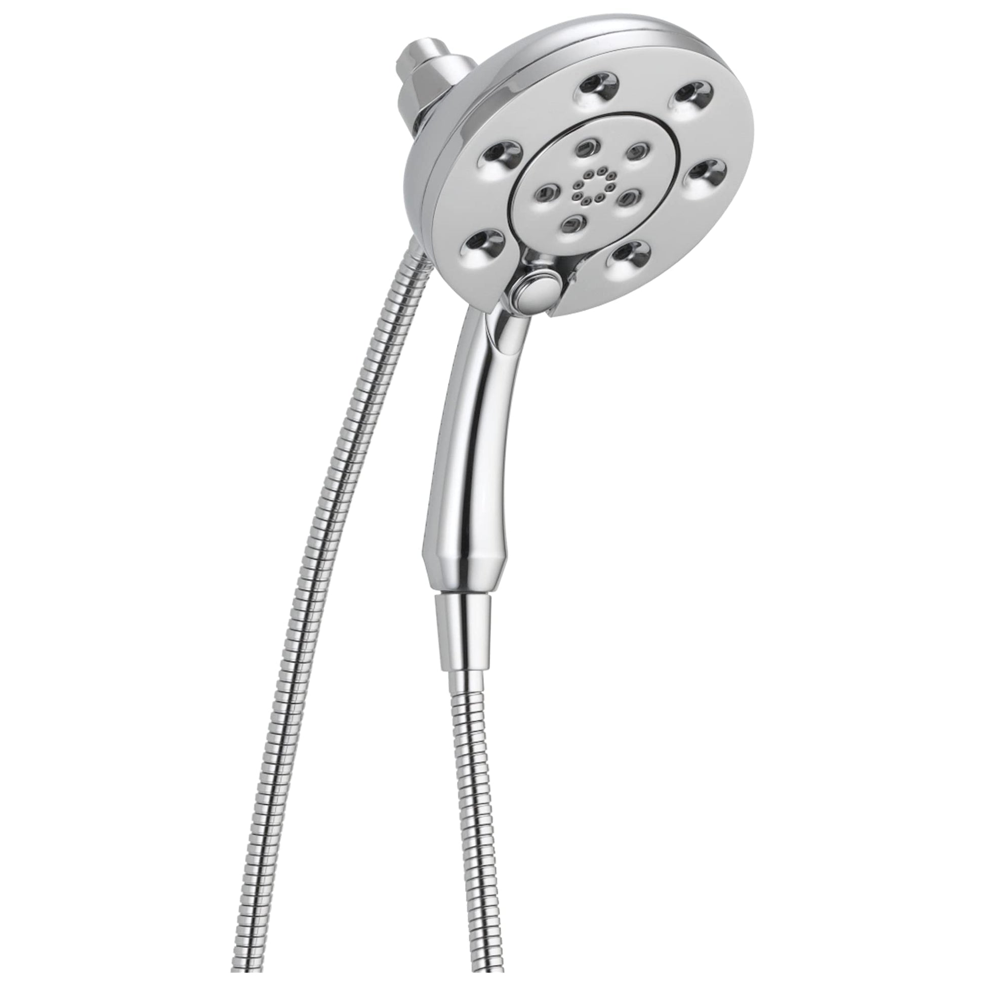 Chrome two-in-one showerhead with dual spray jets, multiple nozzles, and flexible hose connection.