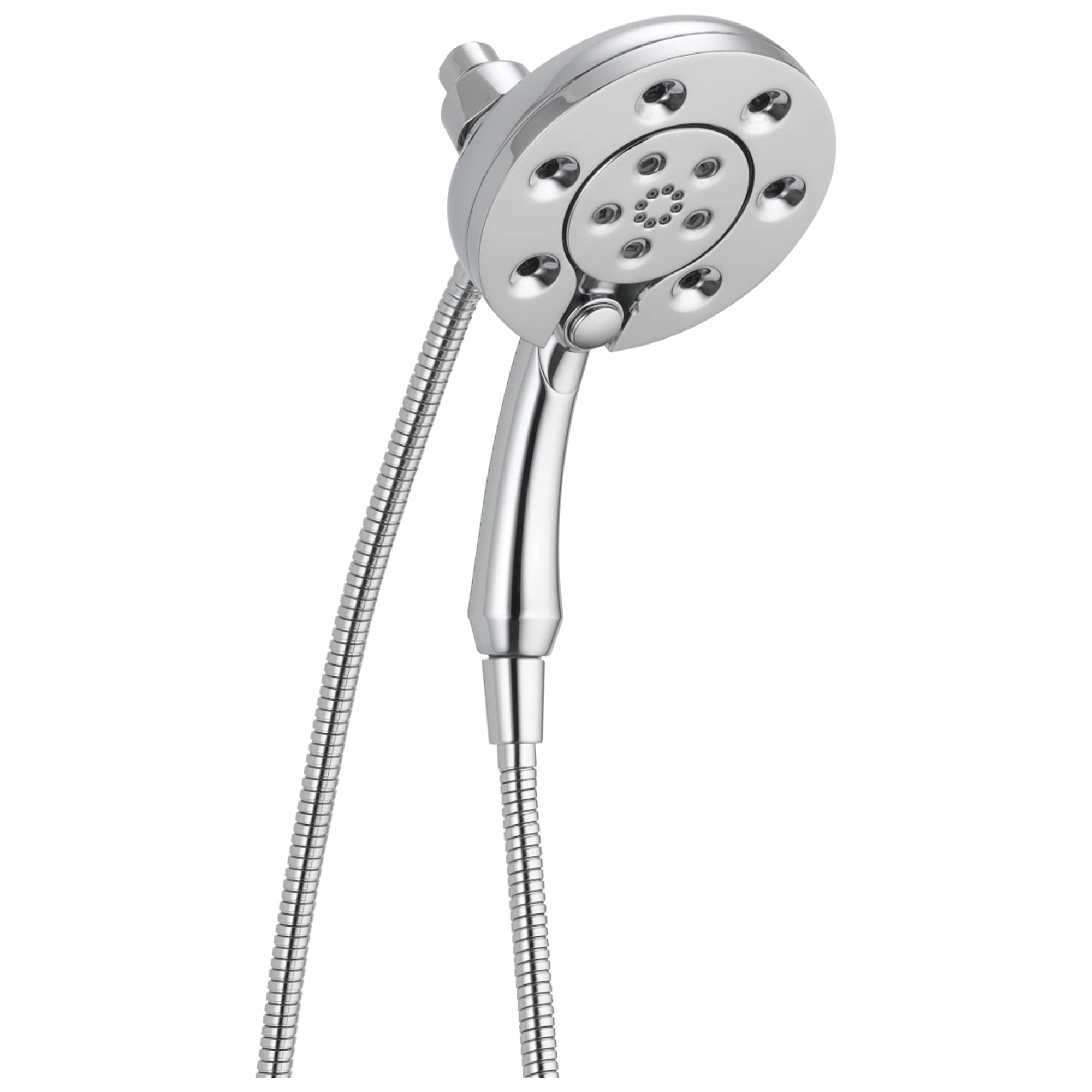 Chrome two-in-one showerhead with dual spray jets, multiple nozzles, and flexible hose connection.