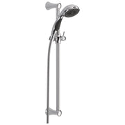 Chrome hand shower with slide bar, perforated shower head, flexible hose, and adjustment control lever.