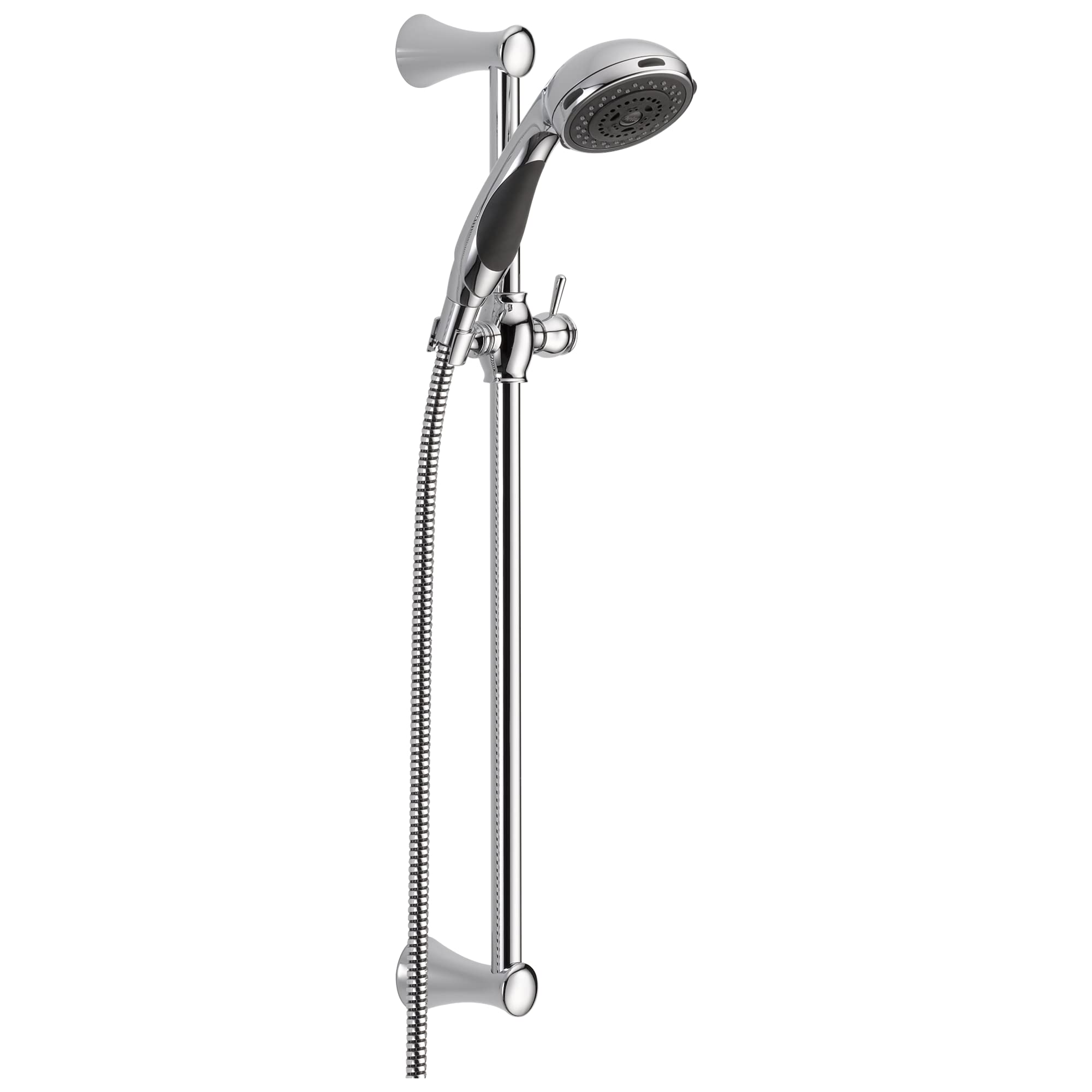 Chrome hand shower with slide bar, perforated shower head, flexible hose, and adjustment control lever.