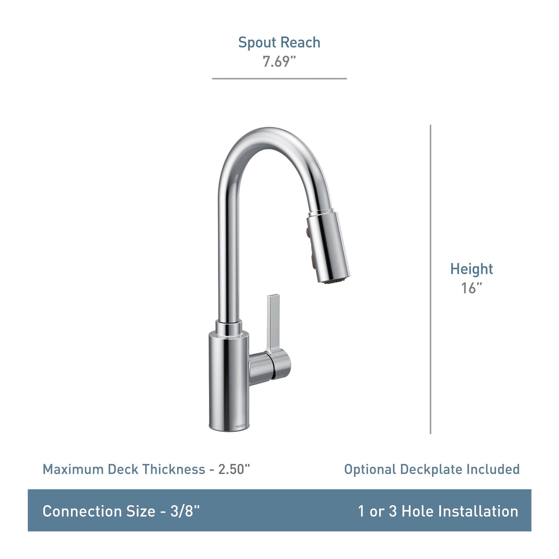 Stainless steel kitchen faucet with pulldown sprayer, single handle, 16" height, 7.69" spout reach.
