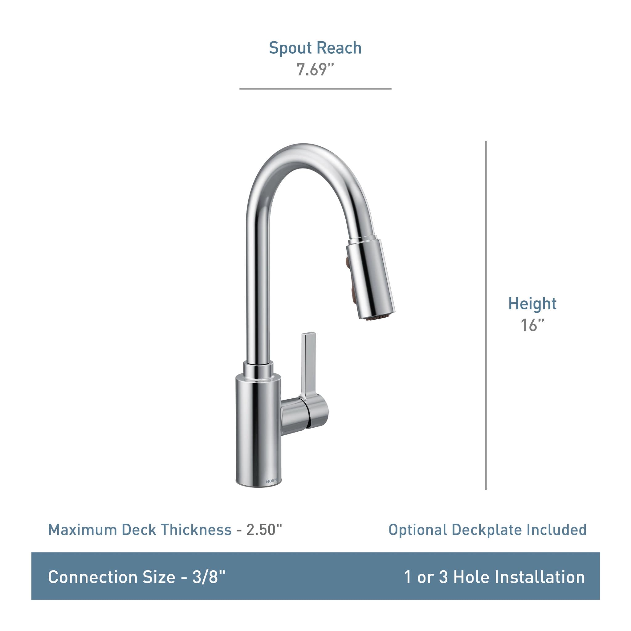 Stainless steel kitchen faucet with pulldown sprayer, single handle, 16" height, 7.69" spout reach.