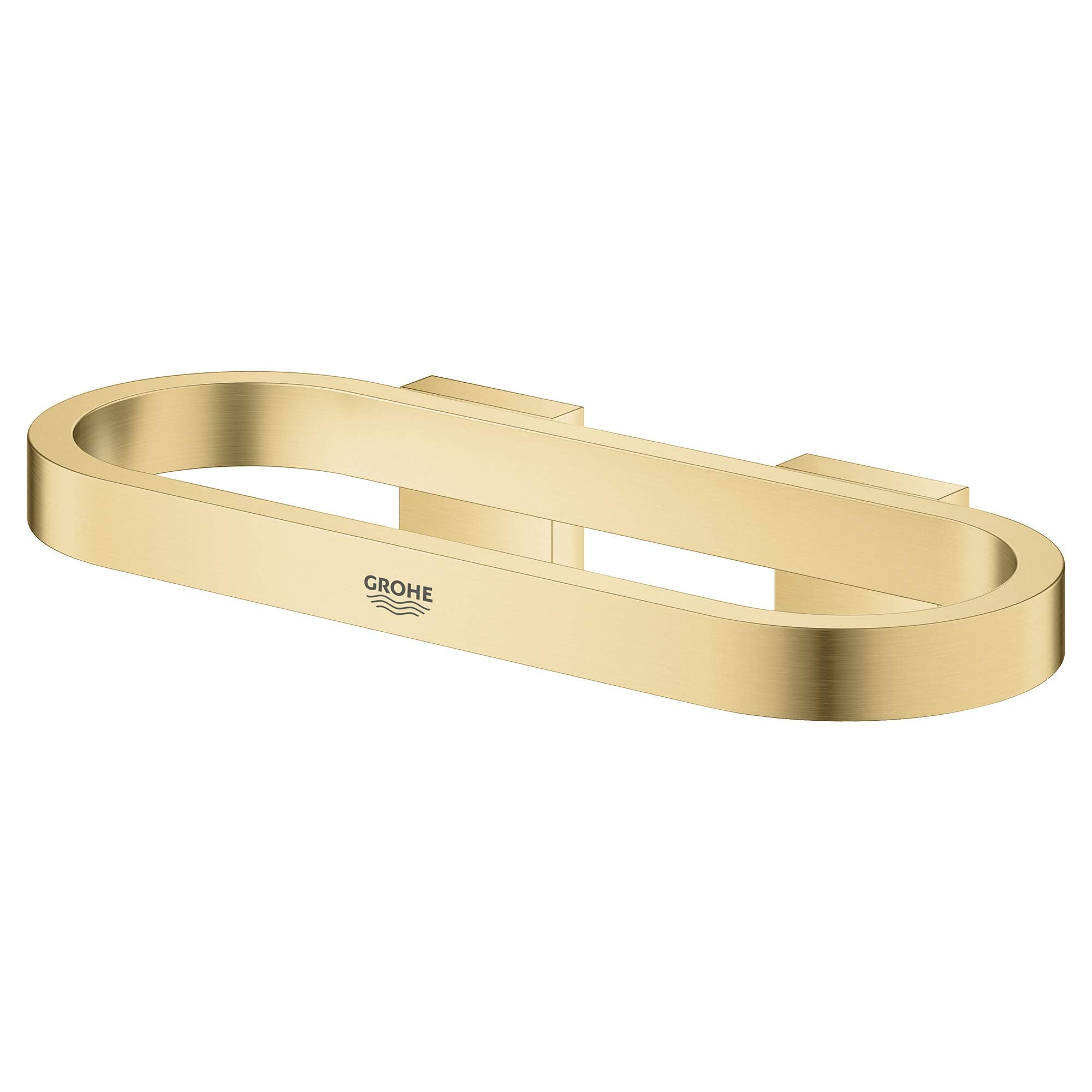 Brushed gold-toned oval towel ring with wall mount hardware and Grohe logo on center band.