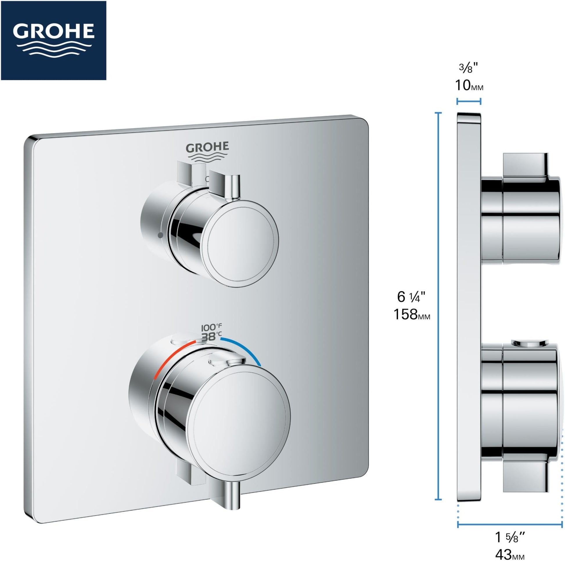 Grohe Grohtherm thermostatic valve trim with two circular handles, square plate, and dimension measurements showing 6¼" heigh