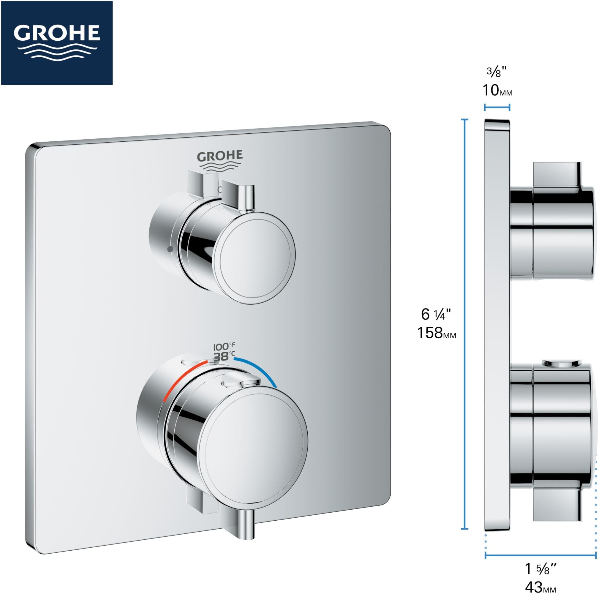 Grohe Grohtherm thermostatic valve trim with two circular handles, square plate, and dimension measurements showing 6¼" heigh