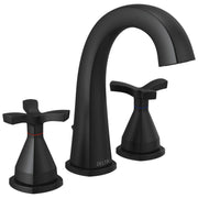 Black Delta Stryke faucet with arched spout and cross handles on round bases.