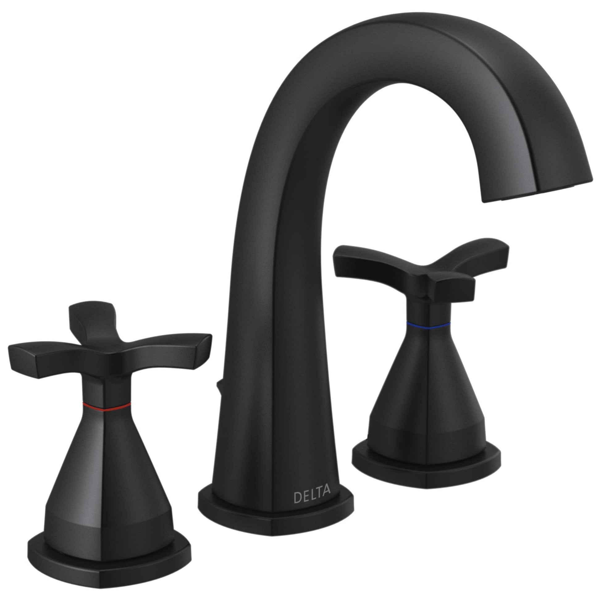 Black Delta Stryke faucet with arched spout and cross handles on round bases.