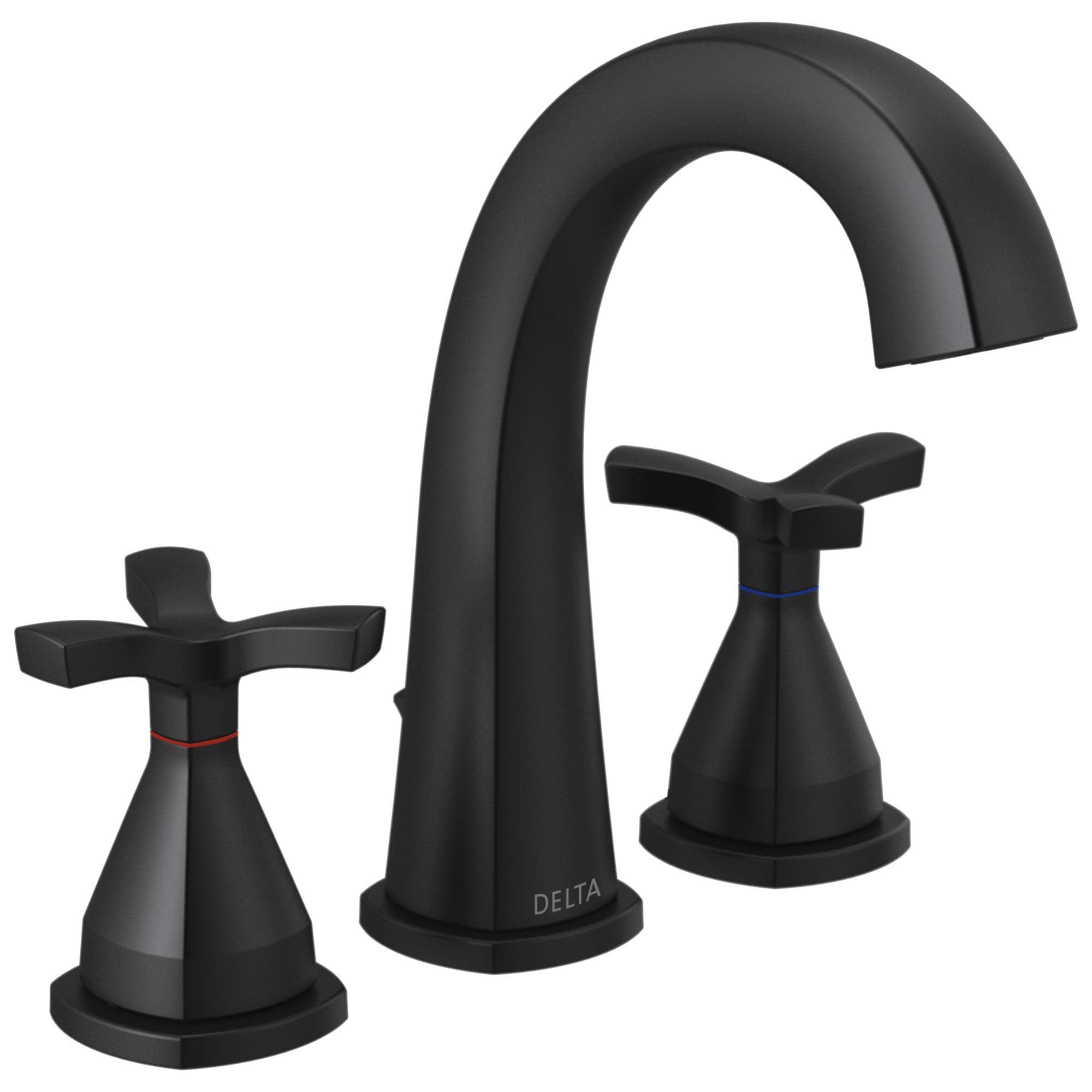 Black Delta Stryke faucet with arched spout and cross handles on round bases.