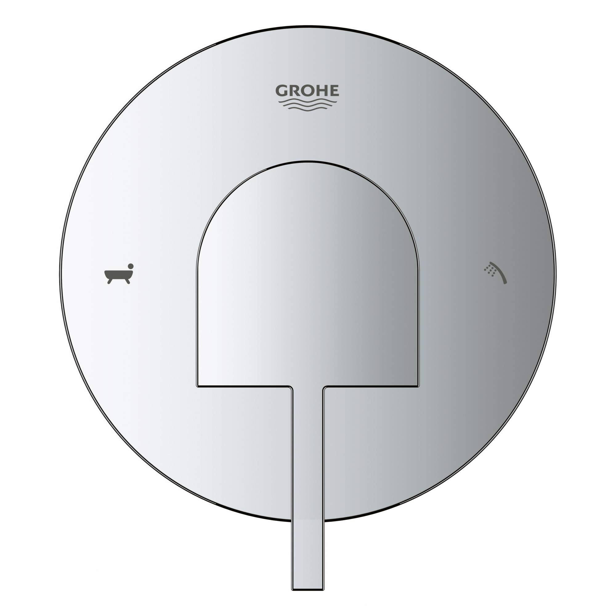 Chrome circular diverter trim with center lever handle and bathtub and showerhead icons.