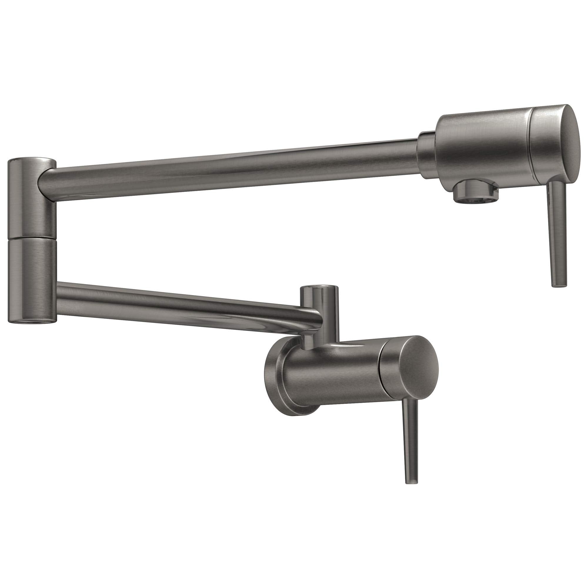 Stainless steel wall-mounted pot filler faucet with articulating arm and lever handle in brushed finish.