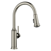 Satin platinum pull-down kitchen faucet with curved spout and single lever handle on cylindrical base.