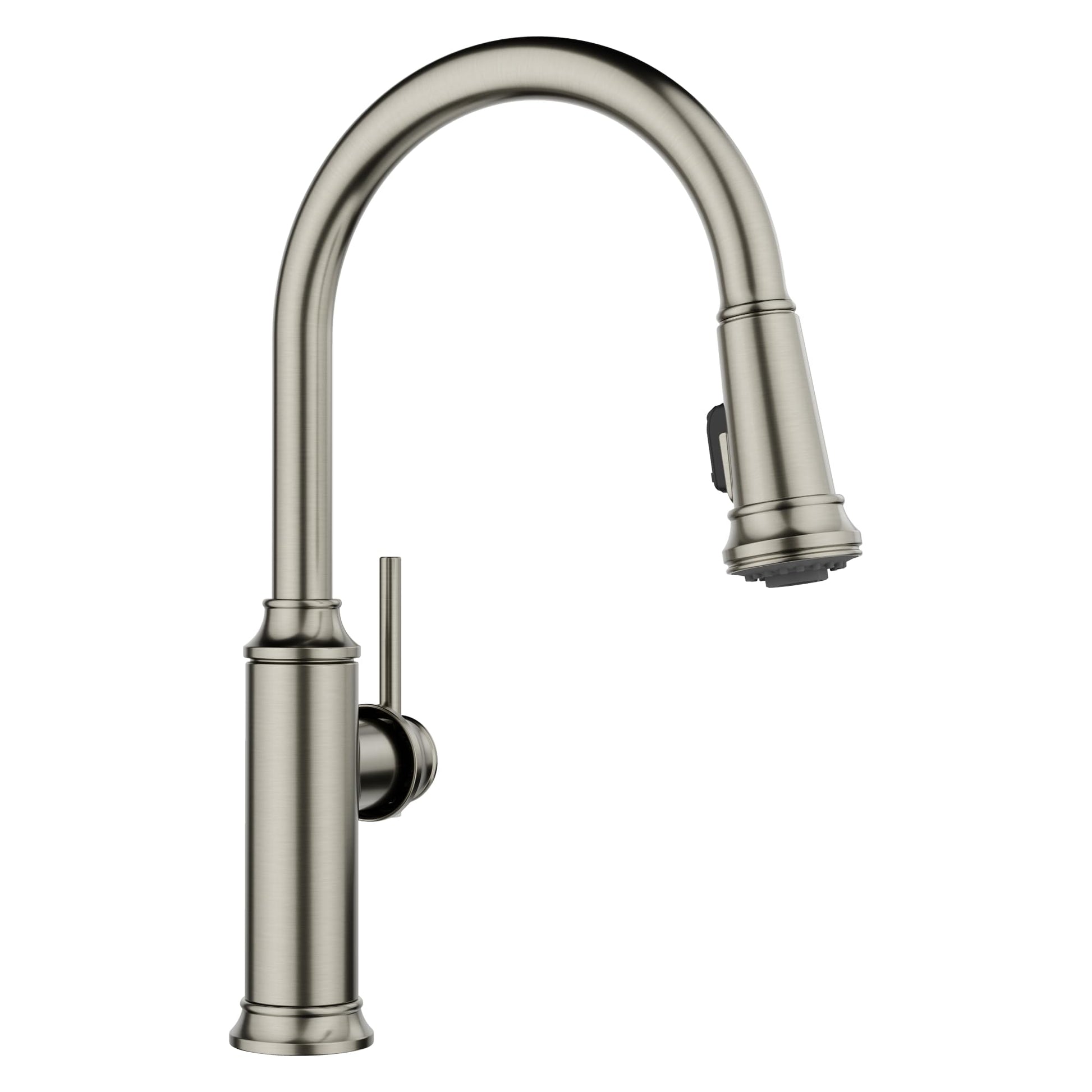 Satin platinum pull-down kitchen faucet with curved spout and single lever handle on cylindrical base.