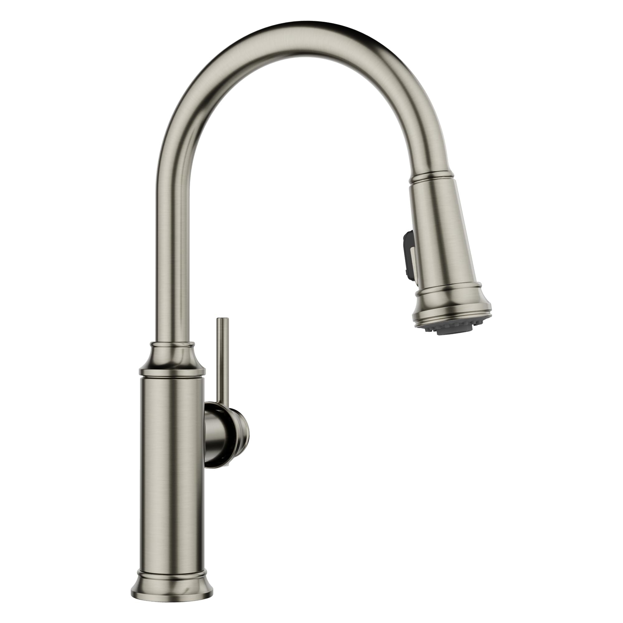 Satin platinum pull-down kitchen faucet with curved spout and single lever handle on cylindrical base.