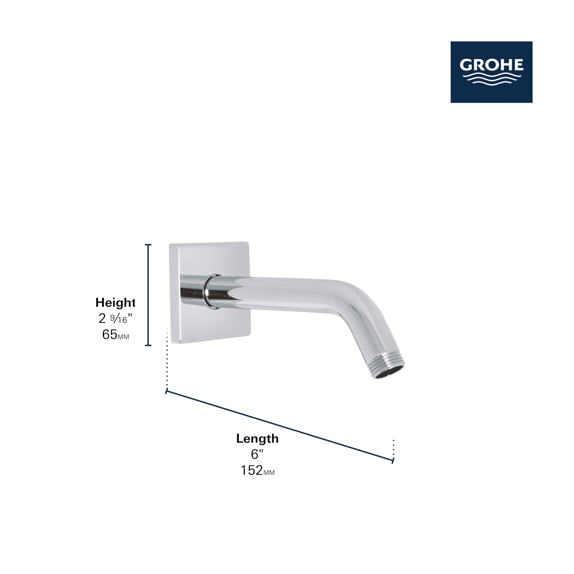 Grohe Eurocube chrome wall-mounted shower arm with square escutcheon and curved spout.