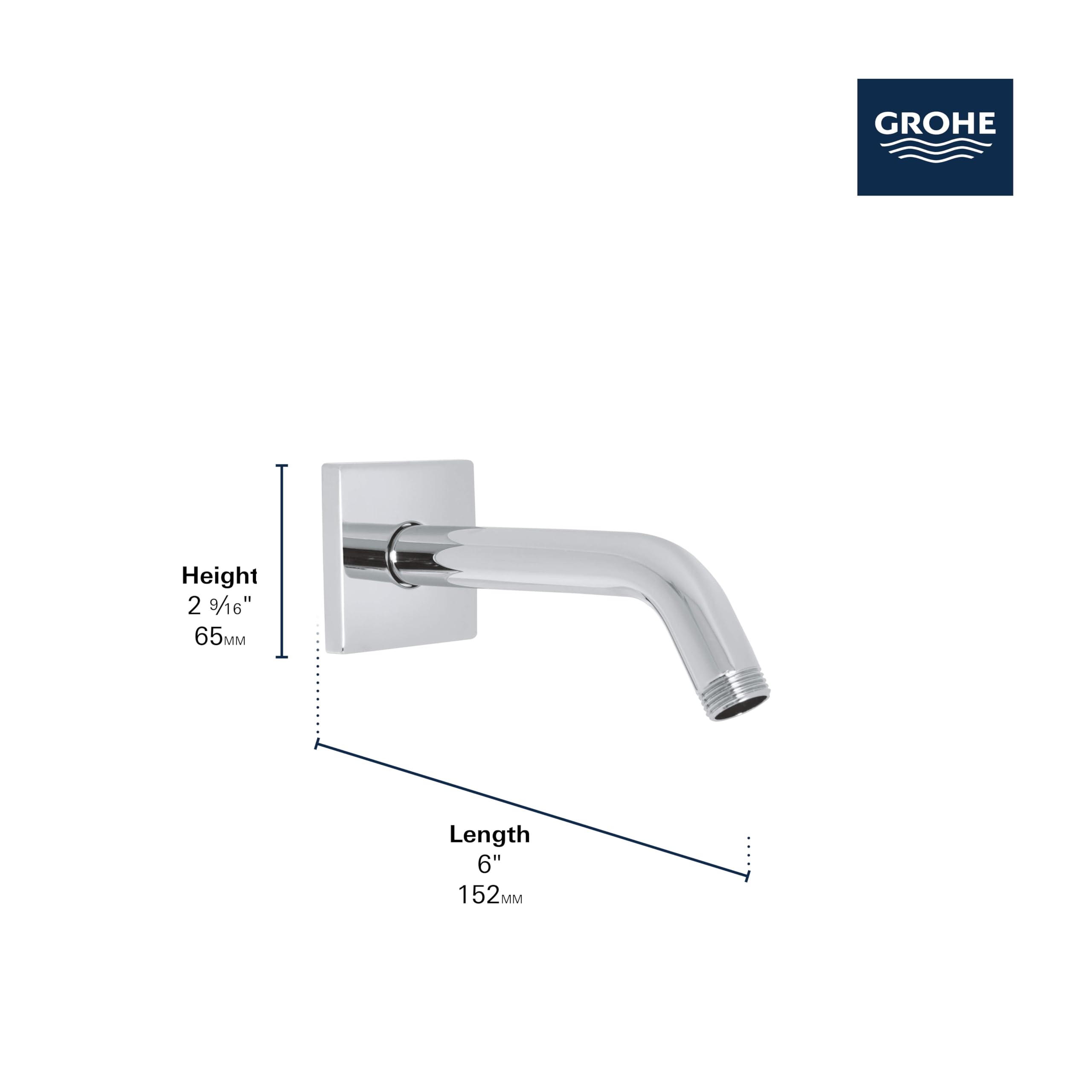 Grohe Eurocube chrome wall-mounted shower arm with square escutcheon and curved spout.