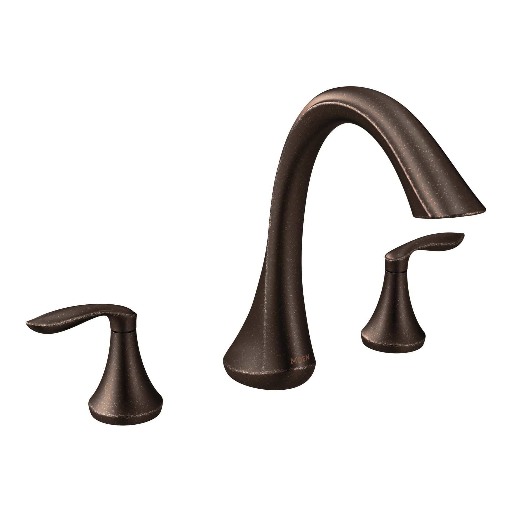 Oil rubbed bronze two-handle roman tub faucet trim kit with curved spout and lever handles.
