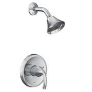 Chrome shower trim kit with single lever handle, round wall plate, curved arm, and perforated showerhead.