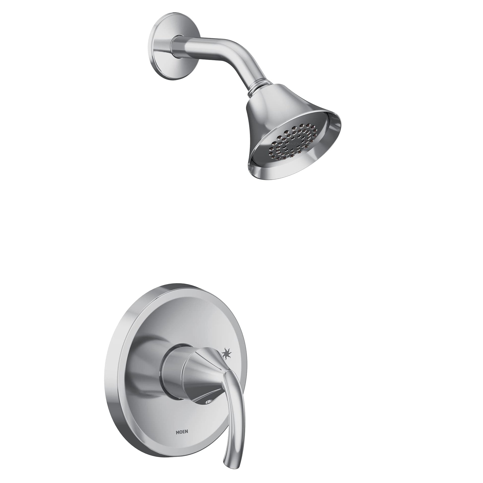 Chrome shower trim kit with single lever handle, round wall plate, curved arm, and perforated showerhead.