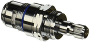 Cylindrical metal cartridge with threaded connectors, blue band, and ribbed stem for left-hand faucet installation.
