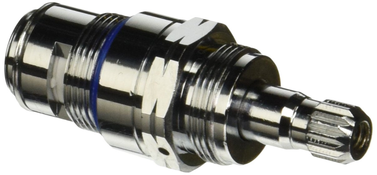 Cylindrical metal cartridge with threaded connectors, blue band, and ribbed stem for left-hand faucet installation.