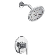 Chrome shower trim kit with single handle lever control, round showerhead with spray holes, and curved arm.