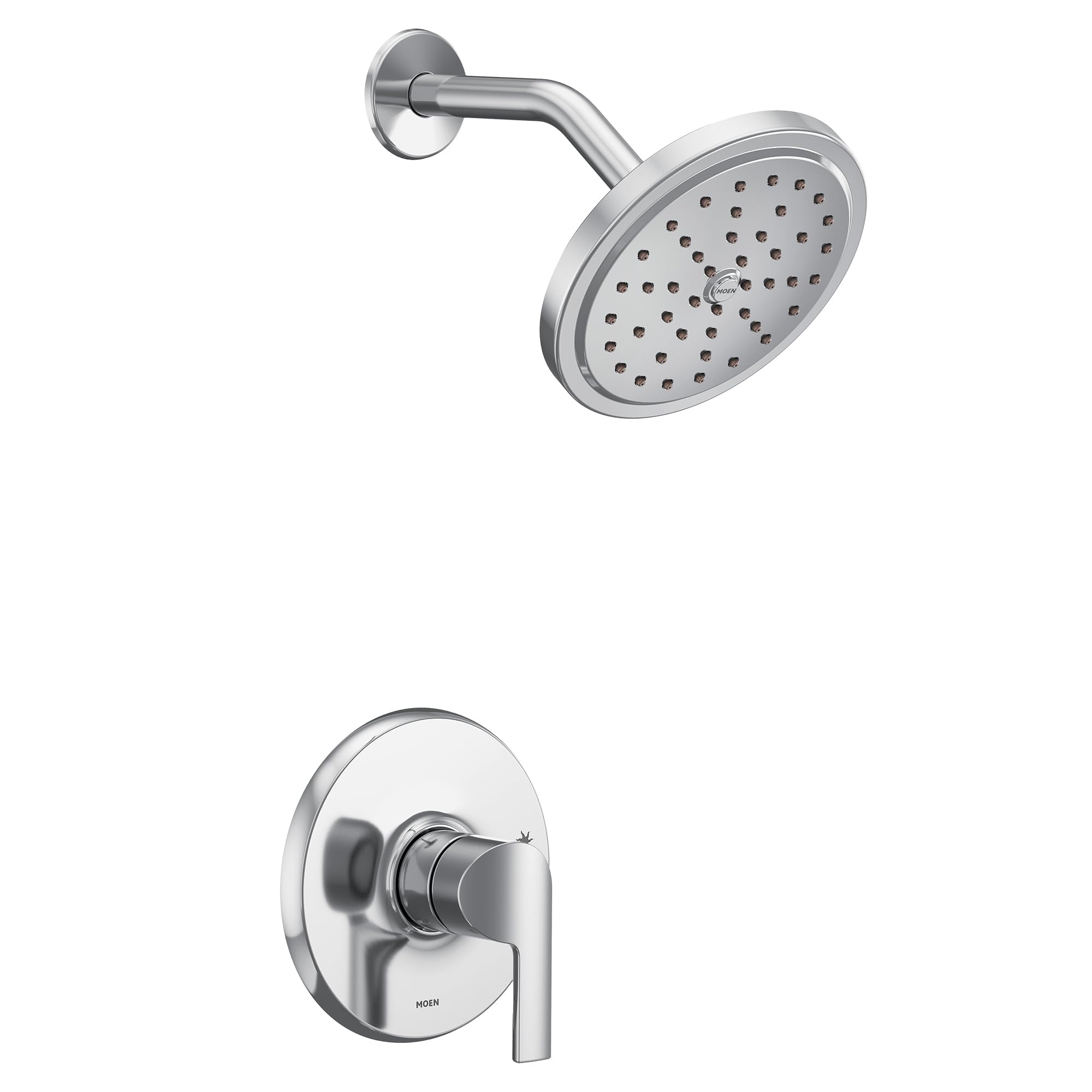 Chrome shower trim kit with single handle lever control, round showerhead with spray holes, and curved arm.