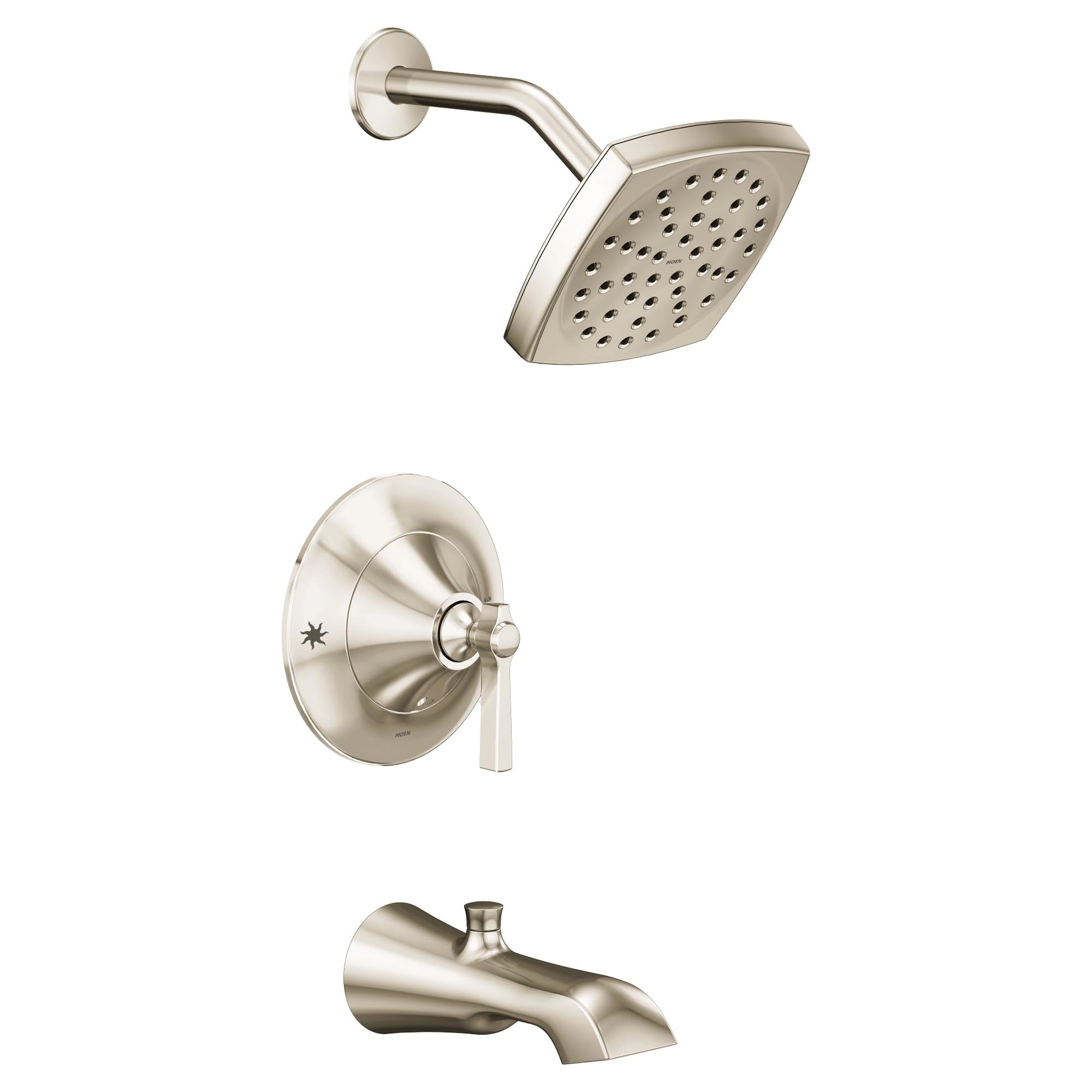 Polished nickel tub and shower trim kit with square showerhead, curved arm, valve trim, and tub spout.