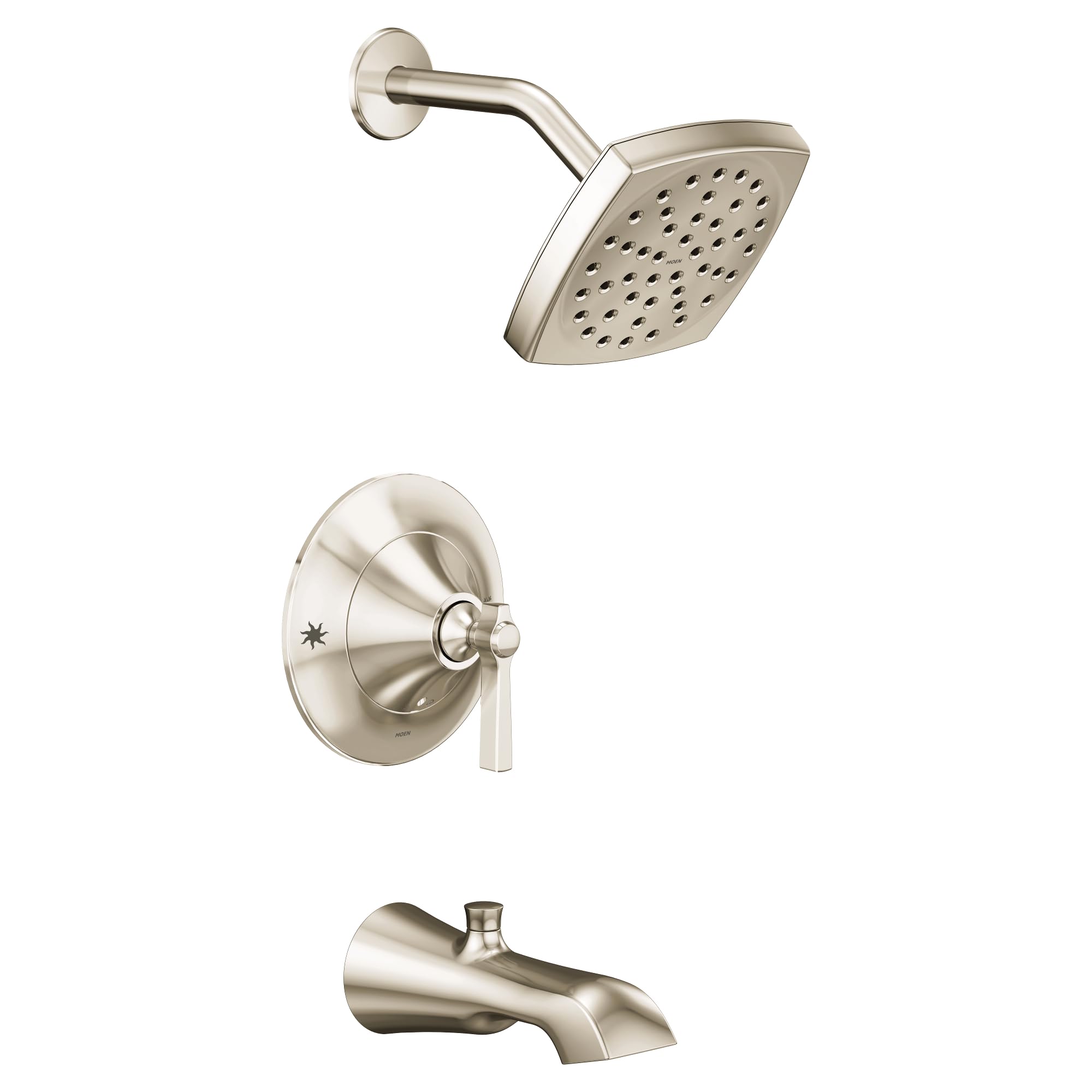 Polished nickel tub and shower trim kit with square showerhead, curved arm, valve trim, and tub spout.
