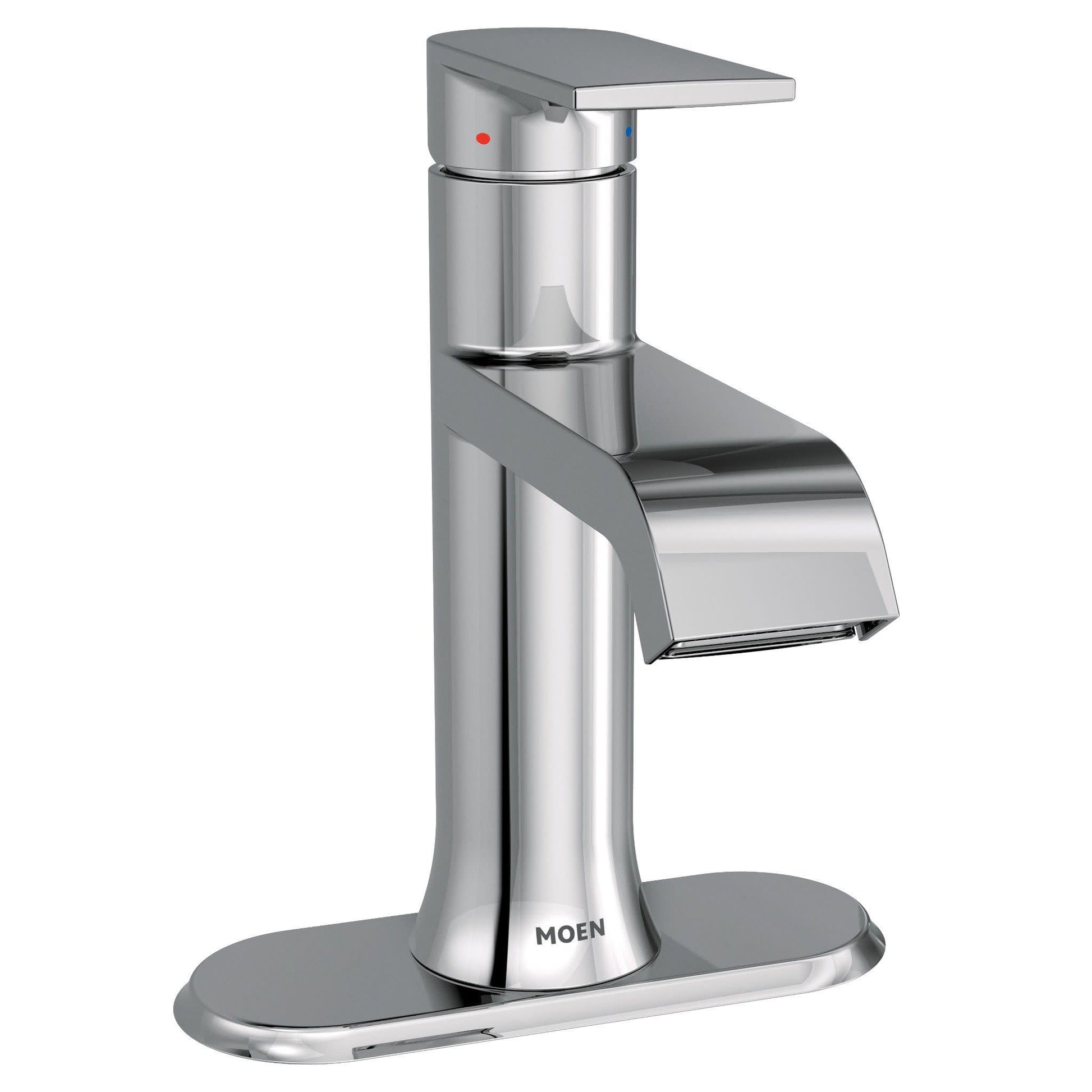Chrome single-handle bathroom faucet with curved spout and rectangular base plate.
