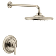 Brushed nickel shower trim kit with single lever handle, round showerhead, and curved arm.
