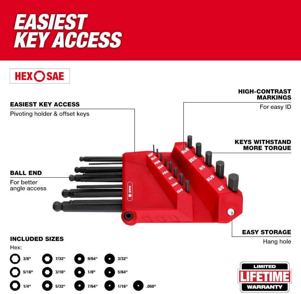 Set of 22 black ball end hex keys with red storage holder and high-contrast size markings.