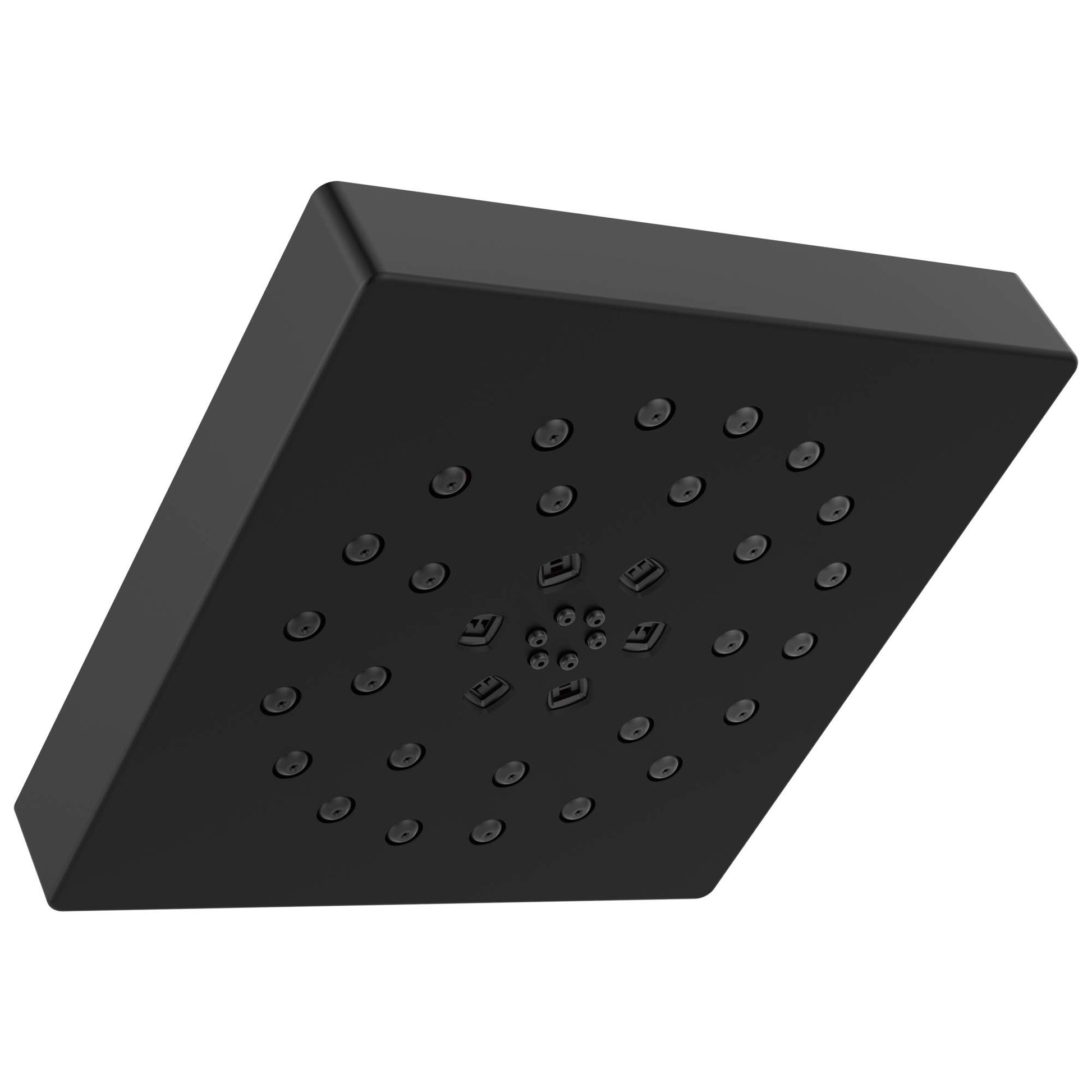 Square matte black shower head with multiple water jets and raised trim ring.