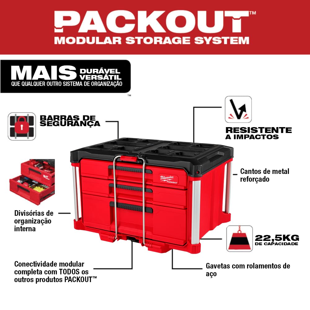 Red and black three-drawer tool box with metal reinforced corners, carrying handle, and ball-bearing drawers.