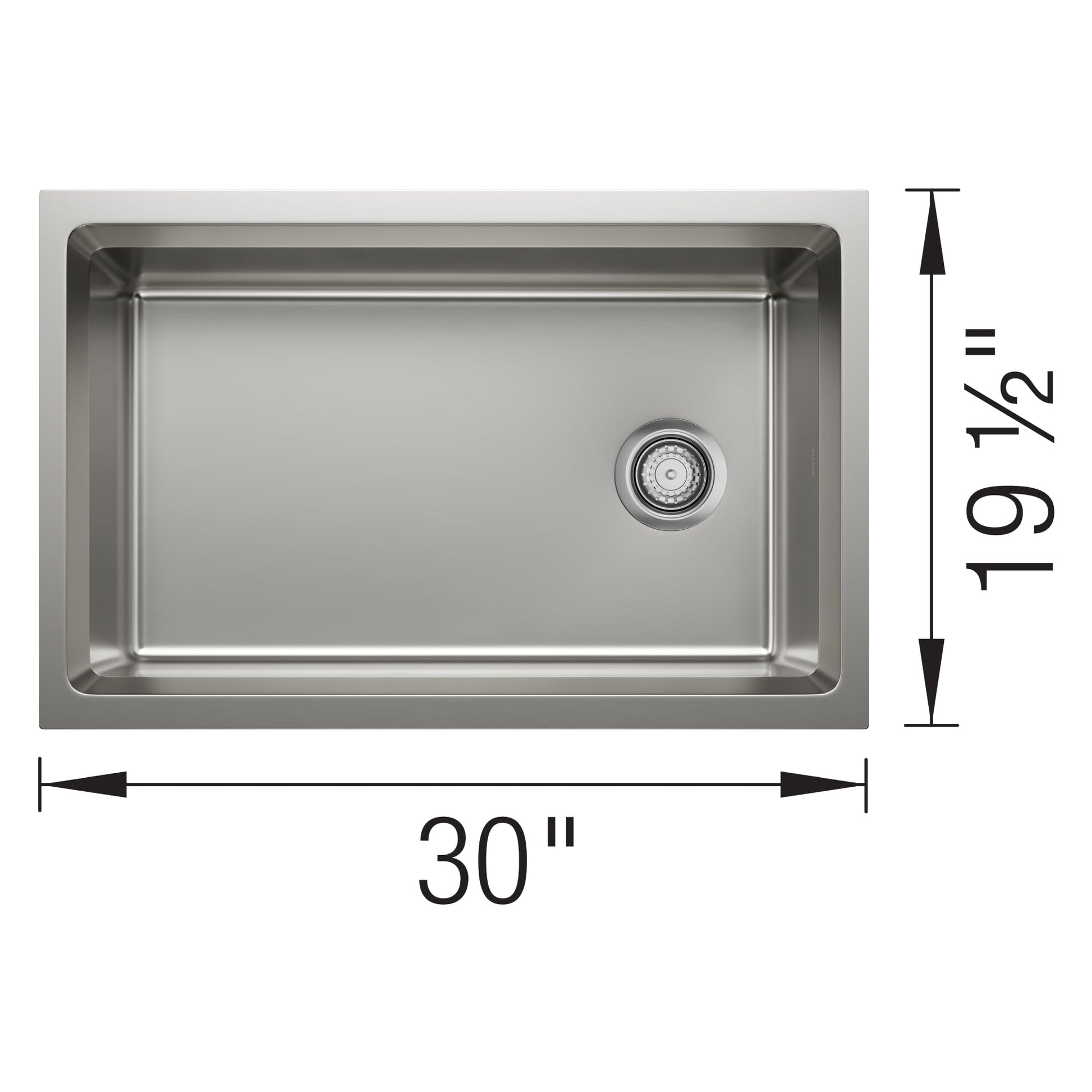 Stainless steel single-bowl kitchen sink with drain strainer, 30 inches wide and 19.5 inches deep.