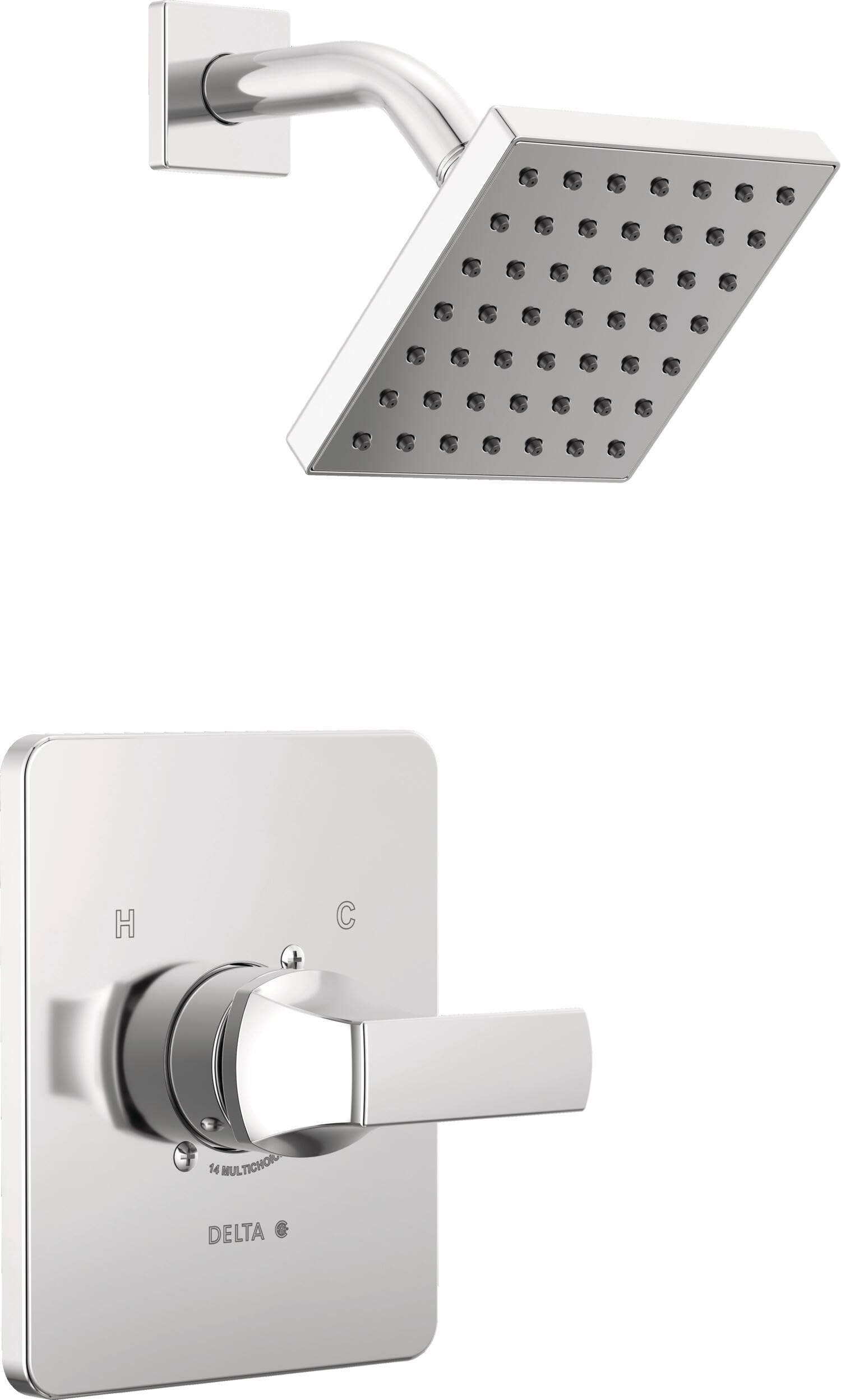 Chrome shower trim with square showerhead, curved arm, wall-mounted escutcheon plate, and single-lever control handle.
