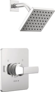 Chrome shower trim with square showerhead, curved arm, wall-mounted escutcheon plate, and single-lever control handle.