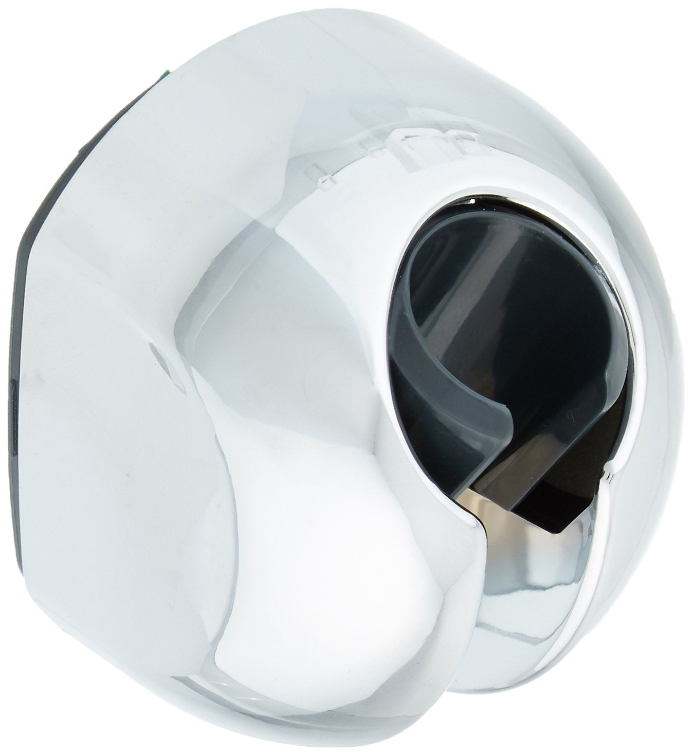 Chrome wall mount bracket with white curved housing holding black hand shower head with chrome accent trim.