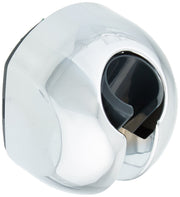 Chrome wall mount bracket with white curved housing holding black hand shower head with chrome accent trim.