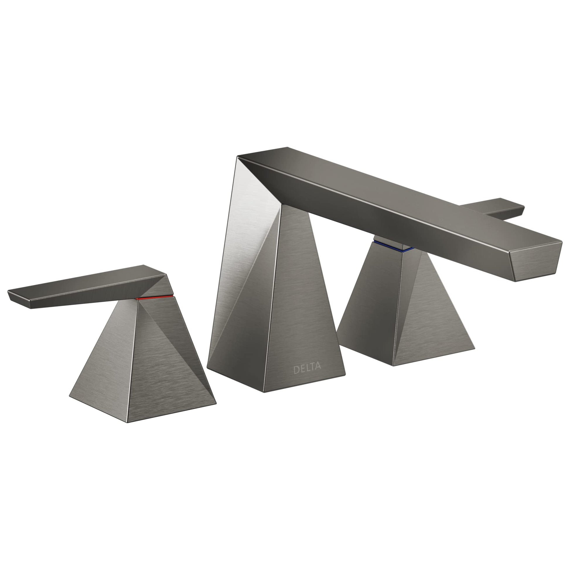 Chrome two-handle Roman tub trim with geometric pyramid-shaped handles and elongated spout.