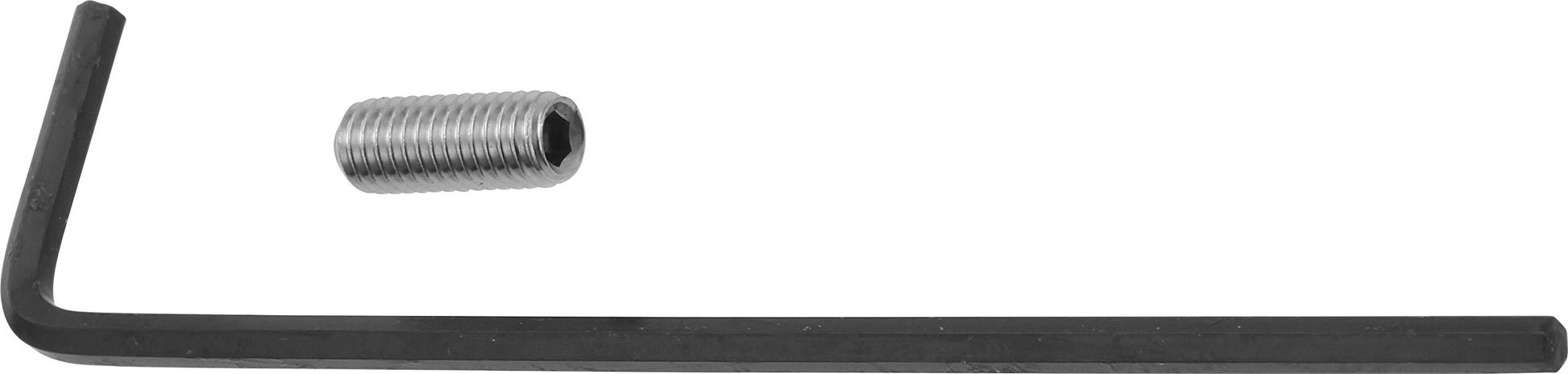 Black L-shaped allen wrench and metallic threaded set screw on white background.