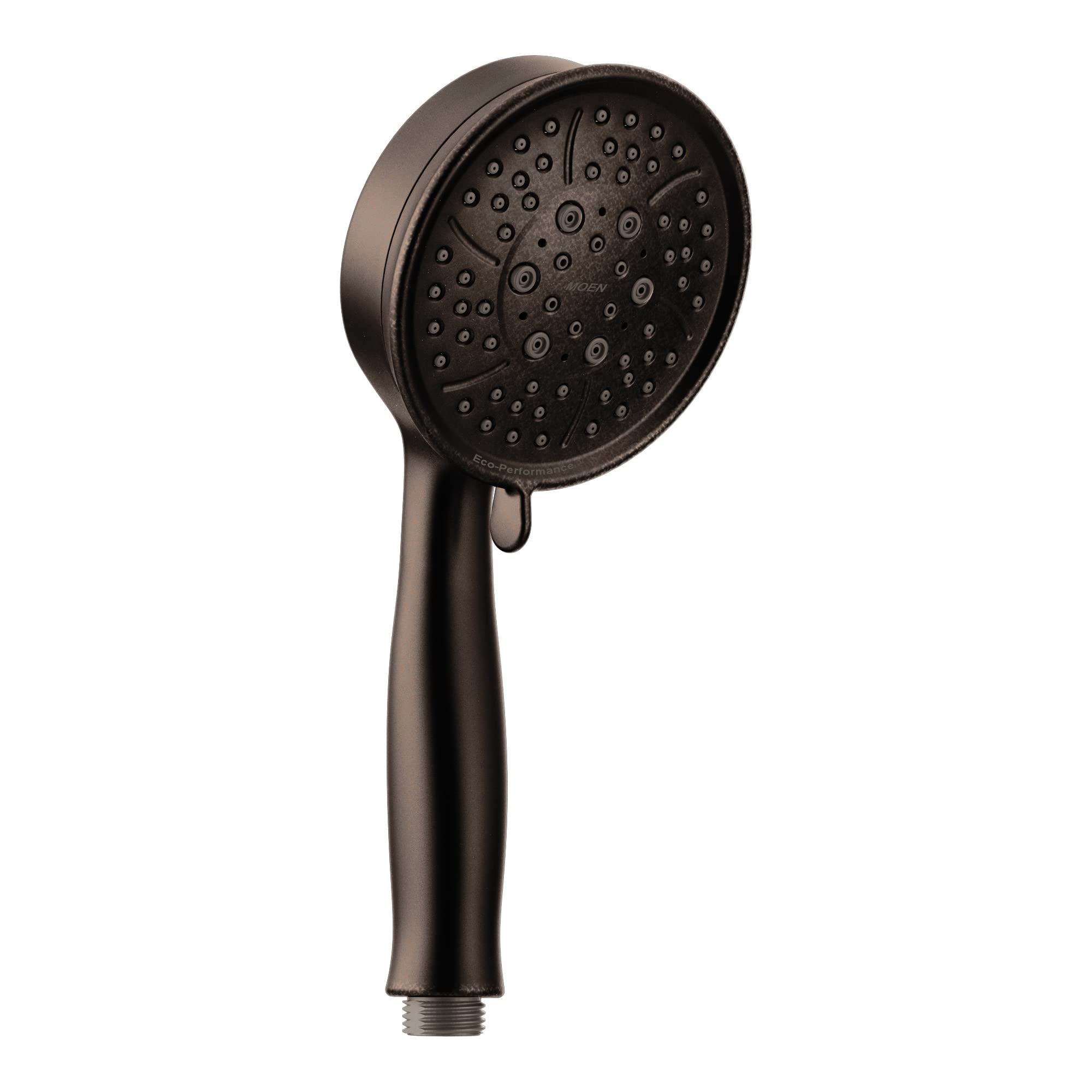 Oil rubbed bronze hand shower with round head and multiple spray holes, threaded connector at base.